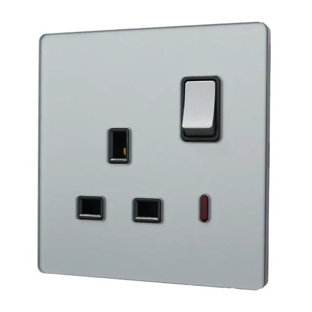 Retouch Thins+ 13A Flat Pin Double Pole Switch Socket Glass Graphite Grey