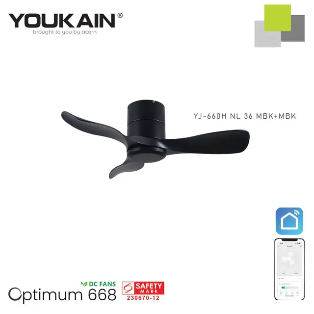 Youkain YJ668H 36 Inch Matt Black Smart Ceiling Fan