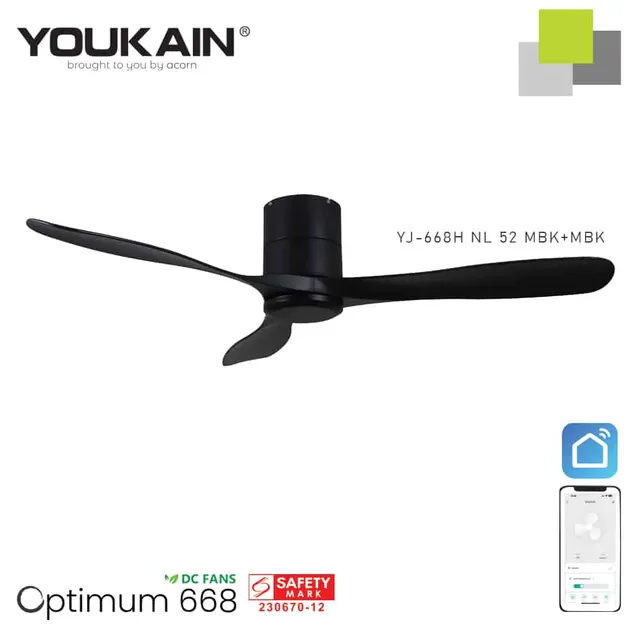 Youkain YJ668H 52 Inch Matt Black Smart Ceiling Fan