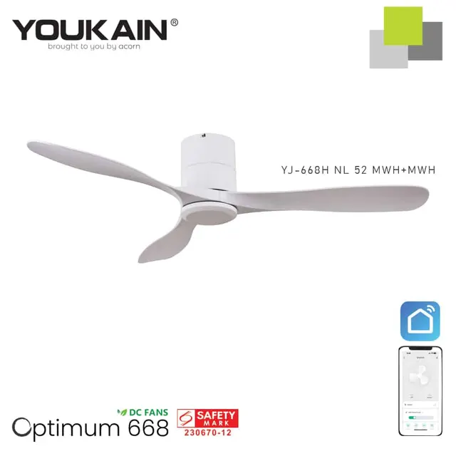 Youkain YJ668H 52 Inch Matt White Smart Ceiling Fan