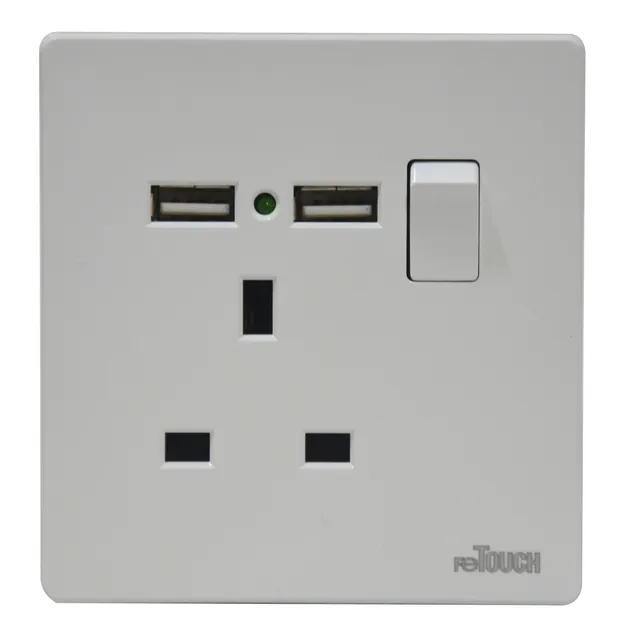 reTOUCH Ultra Rimless 13A Flat Pin Switch Socket with Double USB